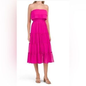 Strapless Ruffle Tiered Dress, Hot Pink, Size Medium